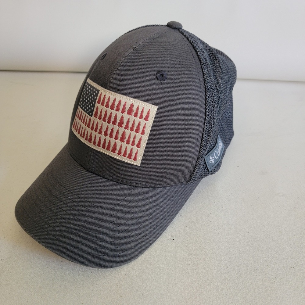Columbia Mens Flexfit Trucker Hat Grey Pine Tree American Flag Mesh Cap L/XL